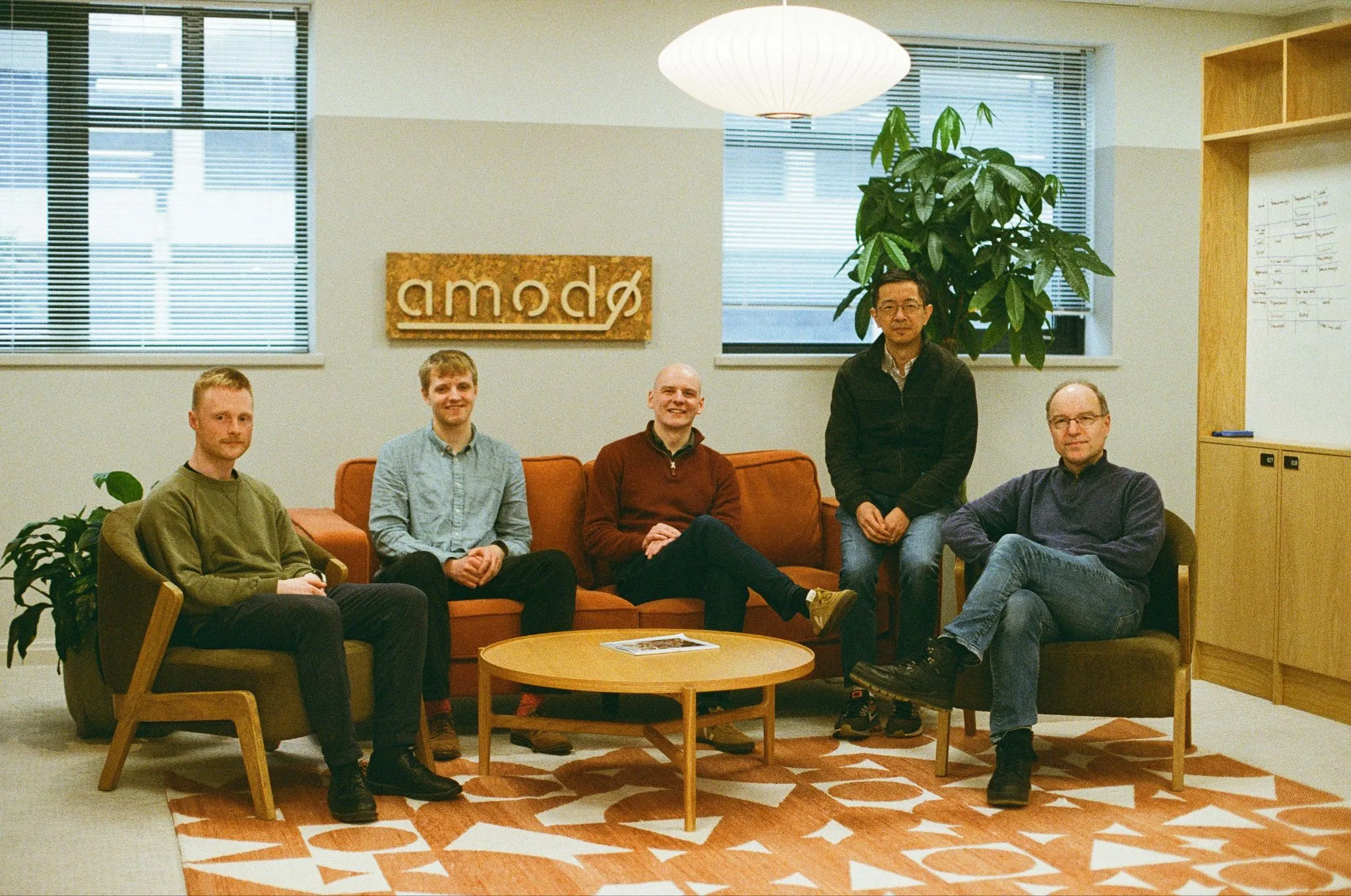 Five people on a sofa under an amodo sign