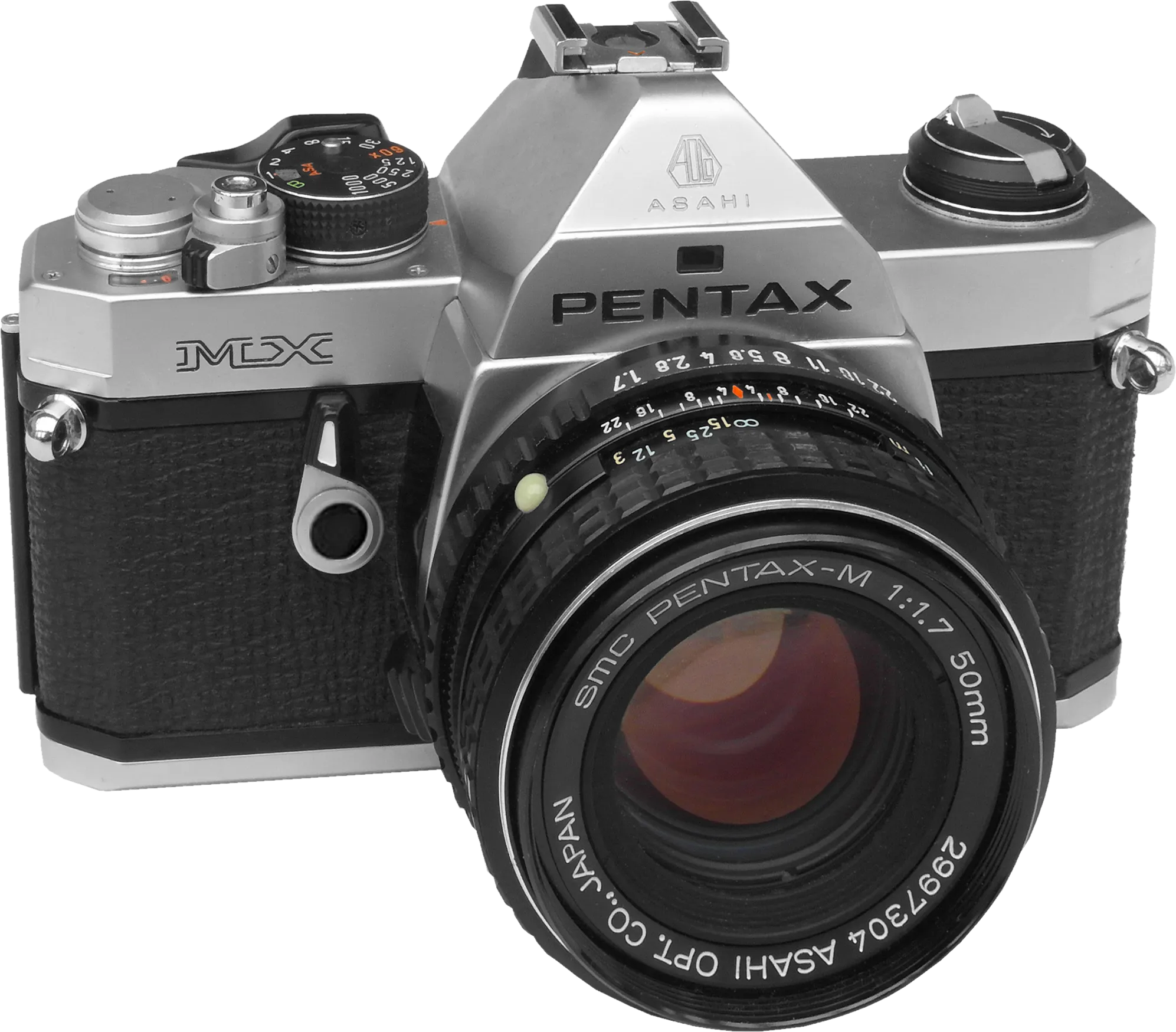 A Pentax MX film camera with a 50mm lens