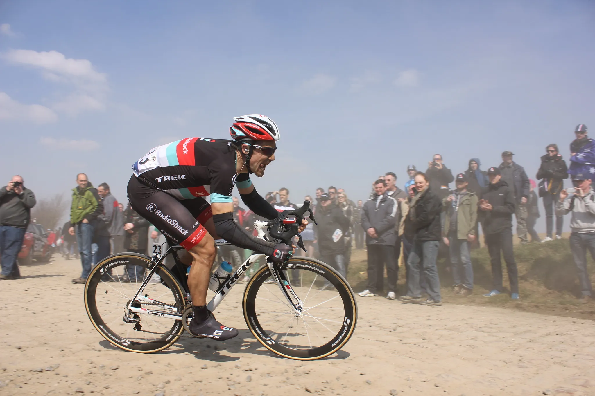 Markel Irizar riding through the crowd at Paris–Roubaix 2013