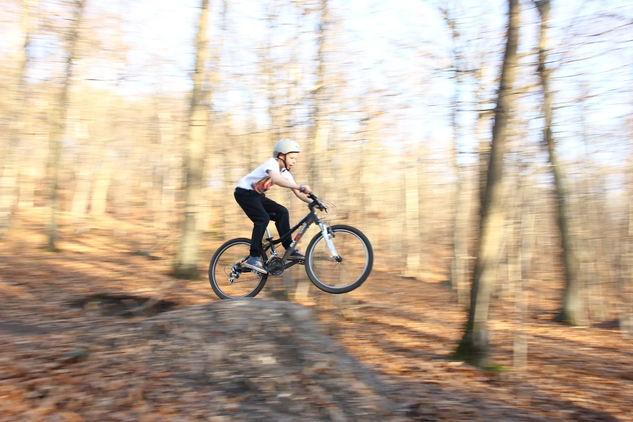 A mountain biker jumping in a blurred autumn wood