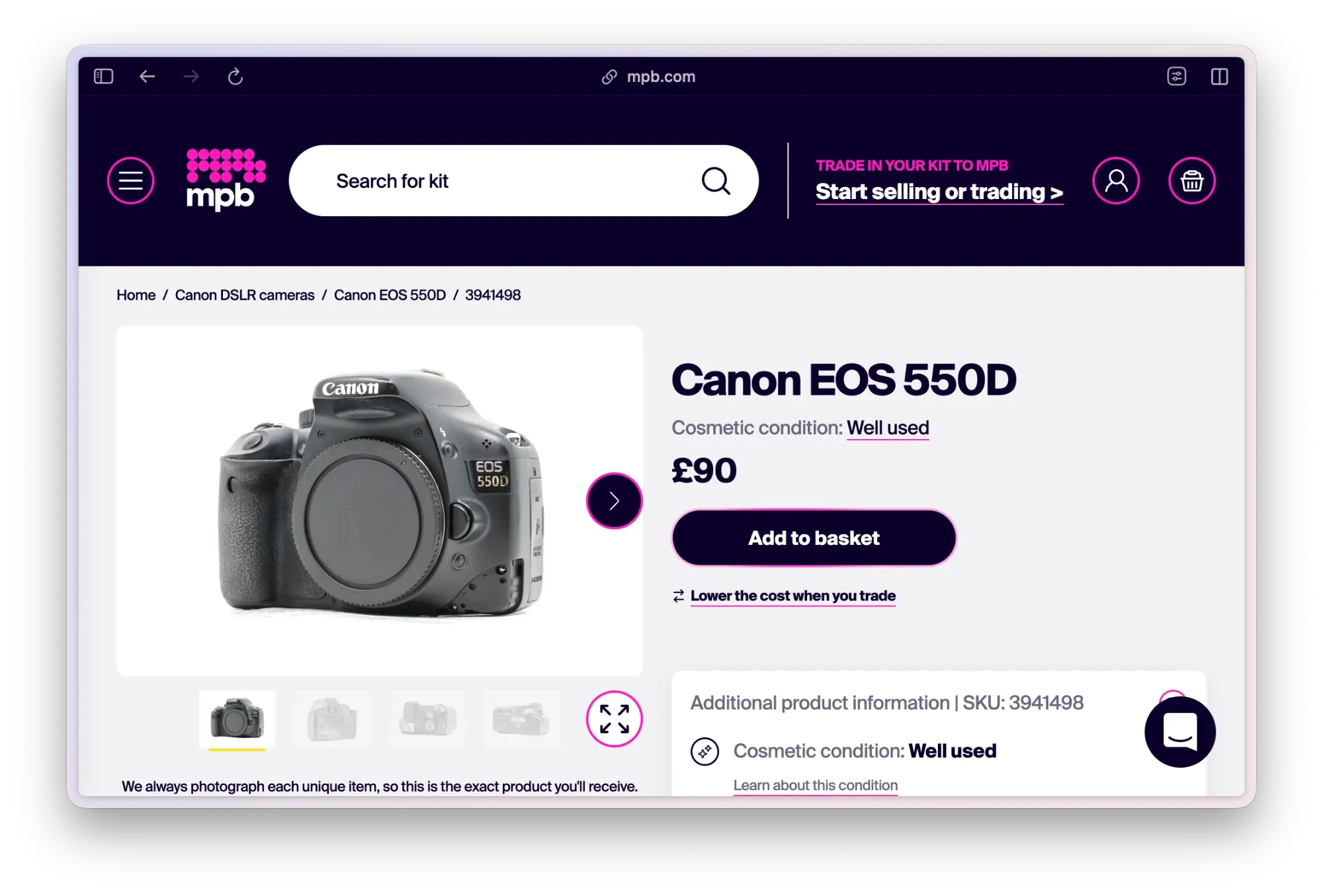 An MPB listing for a used Canon EOS 550D body at £90